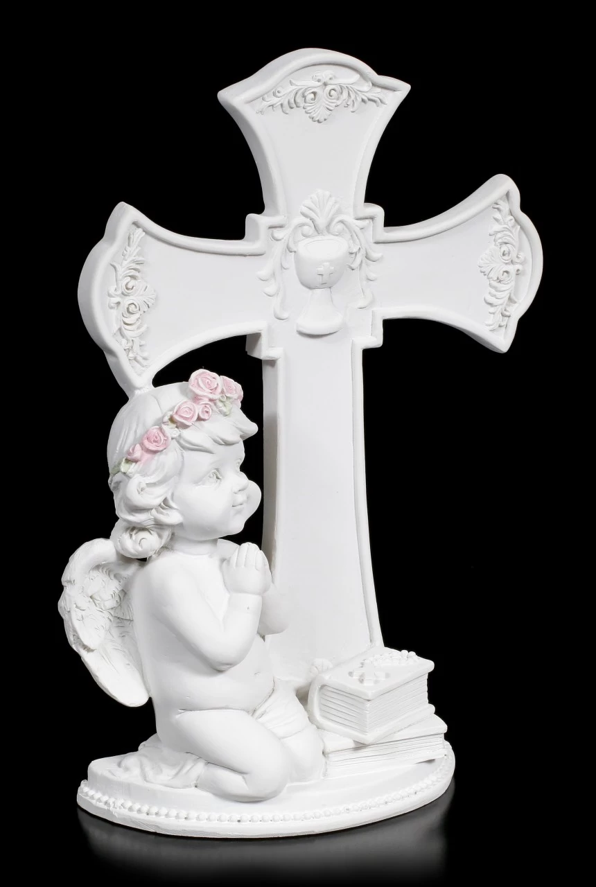 Weiße Cherub Figur Vor Kreuz Betend 4 Weiße Cherub Figur Vor Kreuz Betend – Bild 2