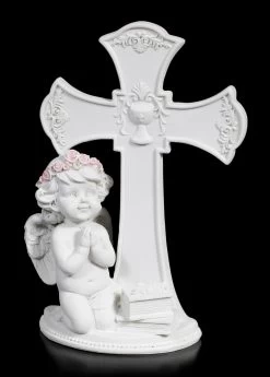 Weiße Cherub Figur Vor Kreuz Betend